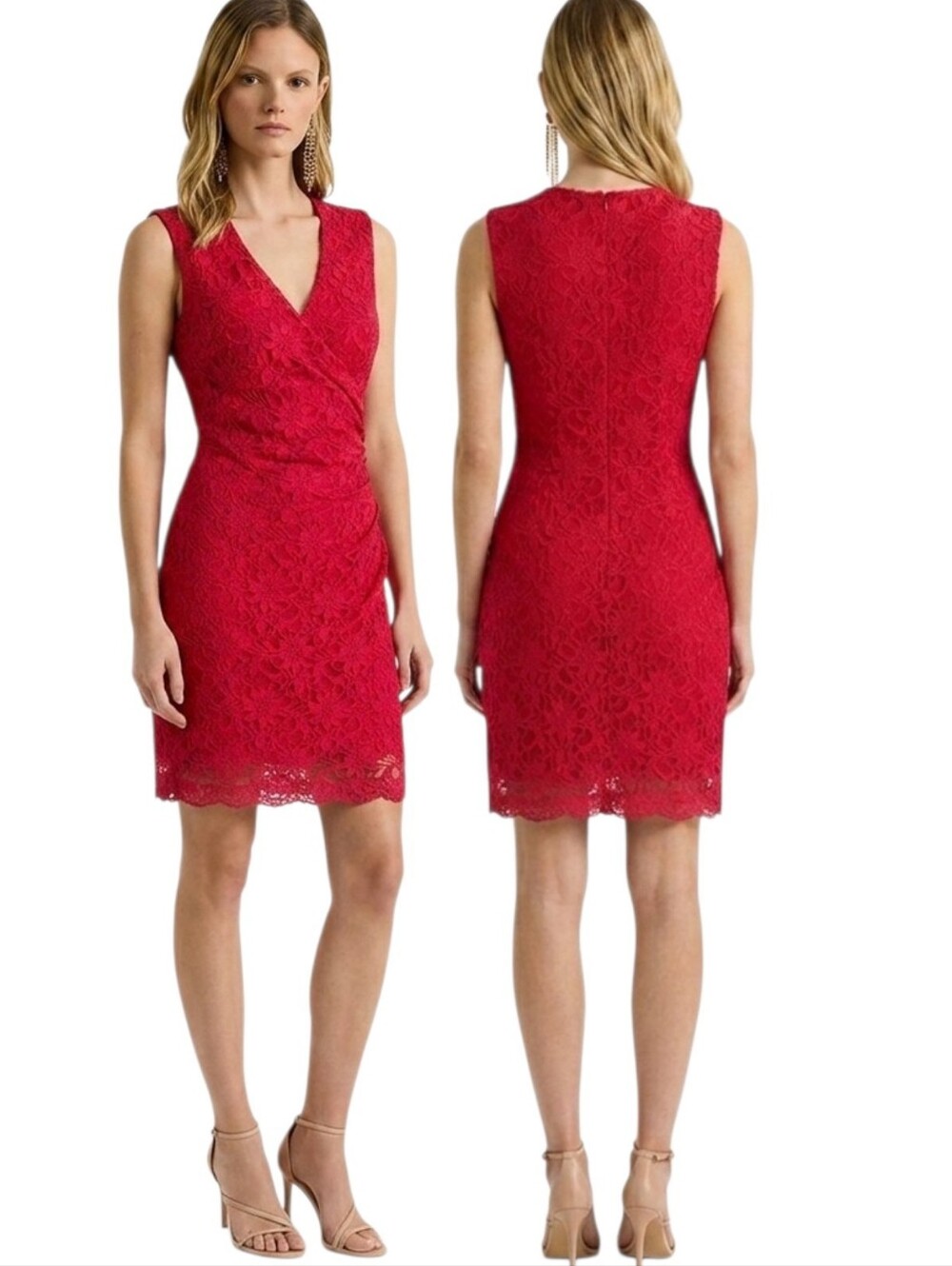 LAUREN RALPH LAUREN Red Lace Sheath Cocktail Dress - Size 10